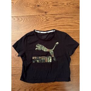 Puma Black Camo Logo Cropped T-Shirt – Size S